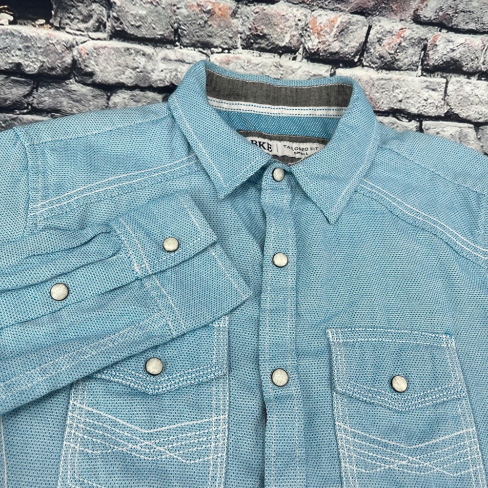 BKE Tailored Fit Western Snap Shirt Mens Small Blue Textured Long Sleeve B2672